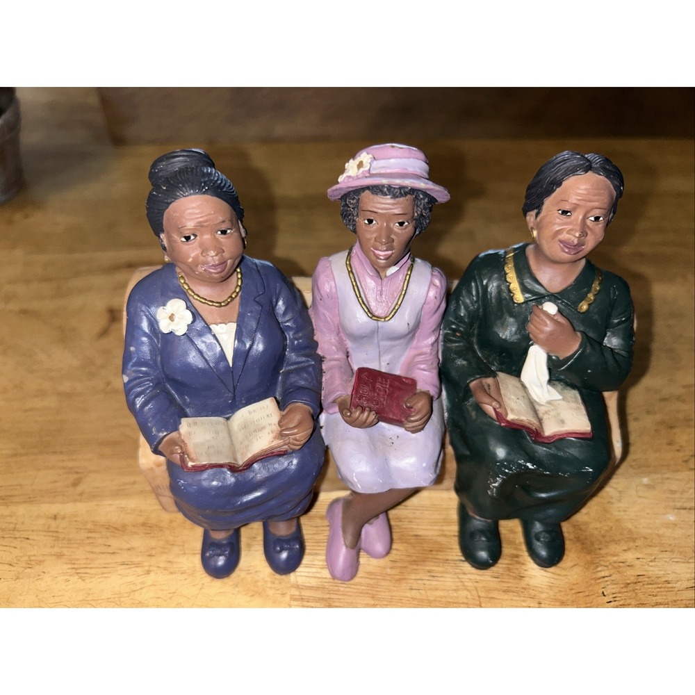 UTI Church Ladies in Church Pew Resin Figurines in Simulated Wood Church Pew